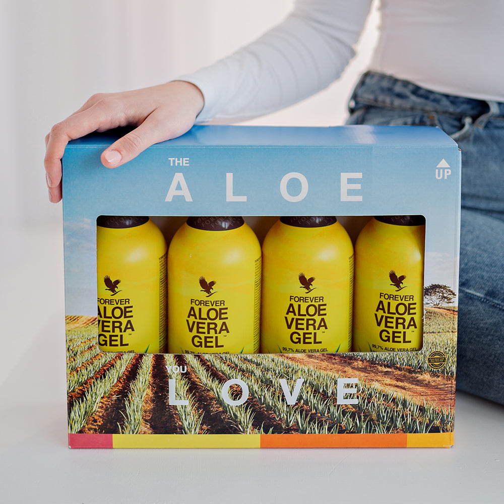 Forever Aloe Vera Gel – pakovanje 4 x 1L flaša sa 99,7% čistom Aloe Verom, bez konzervansa, idealno za svakodnevnu podršku varenju i imunitetu


