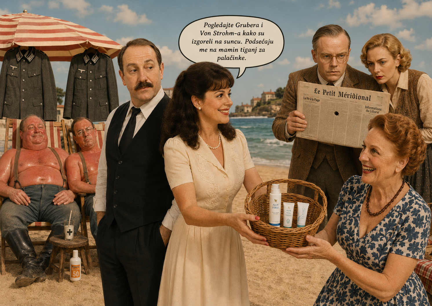 Retro scena na plaži sa likovima iz humoristične kampanje i korpom sa Forever proizvodima